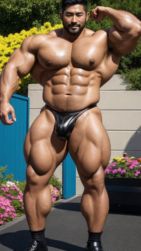 There is only one handsome Asian actor in the photo,35 years old,High target, Fitness,short hair, O-Shaped Beard,Perfect body, Dark skin color,Radiant Skin,Smooth skin,Muscle bulge, muscular, Very large pectoral muscles,Very sexy abdominal muscles,Very well-developed leg muscles,Huge concave and convex area,Brightens oily skin,Wearing black leather shiny thong,Handsome face, Correct and accurate male body proportions, Wear black leather socks,Stand among the flowers。