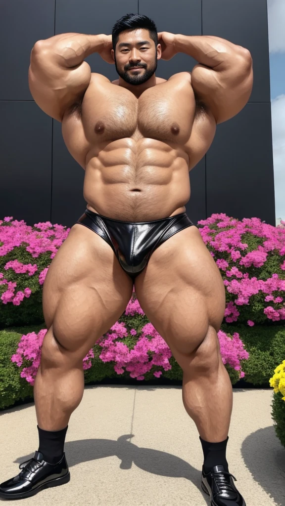 There is only one handsome Asian actor in the photo,35 years old,High target, Fitness,short hair, O-Shaped Beard,Perfect body, Dark skin color,Radiant Skin,Smooth skin,Muscle bulge, muscular, Very large pectoral muscles,Very sexy abdominal muscles,Very well-developed leg muscles,Huge concave and convex area,Brightens oily skin,Wearing black leather shiny thong,Handsome face, Correct and accurate male body proportions, Wear black leather socks,Stand among the flowers。