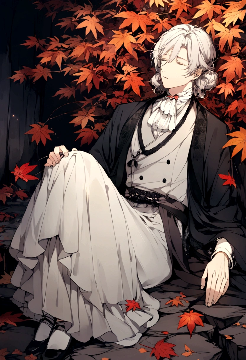 A white male bear naps deep in a dark cave、It's a thunderstorm outside、Late Autumn.