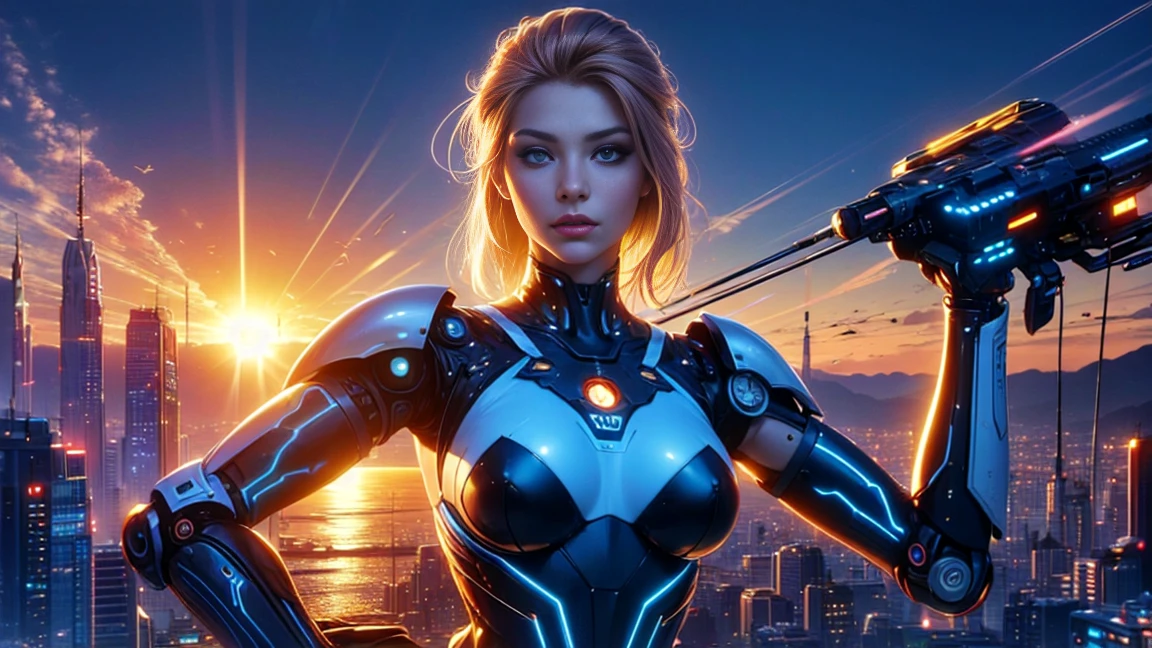 top quality, future world, State-of-the-art robot, Beautiful Woman, large sun is in the background, flying hair, Transformed into a cyborg except for the face,  Transformed into a cyborg except for the shoulder, sexy images, whole body photo, ((sunrise time))