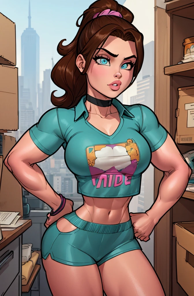 Masterpiece. detailed eyes, rabiestlagomorph, messy brown hair, hair tied back, light blue eyes, busty, turquoise deep cut collared shirt, crop top, short sleeves, magenta booty shorts, slender, choker