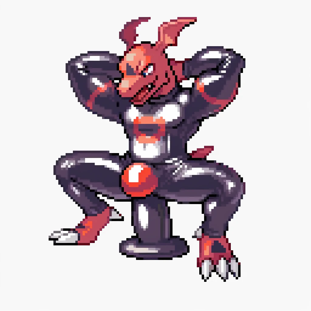 , anthro, guilmon, male, muscular anthro, muscular male, larg hips, tail, solo, blank background, closed mouth, arms behind head, ahegao, 2D, suggestive, anal penitration, large dildo, dildo in ass, ((dildo sitting)), crouching, black latex, latex, latex shirt, latex suit, gimp suit, bulge, null bulge, massive bulge, 16_bit, pixelated,