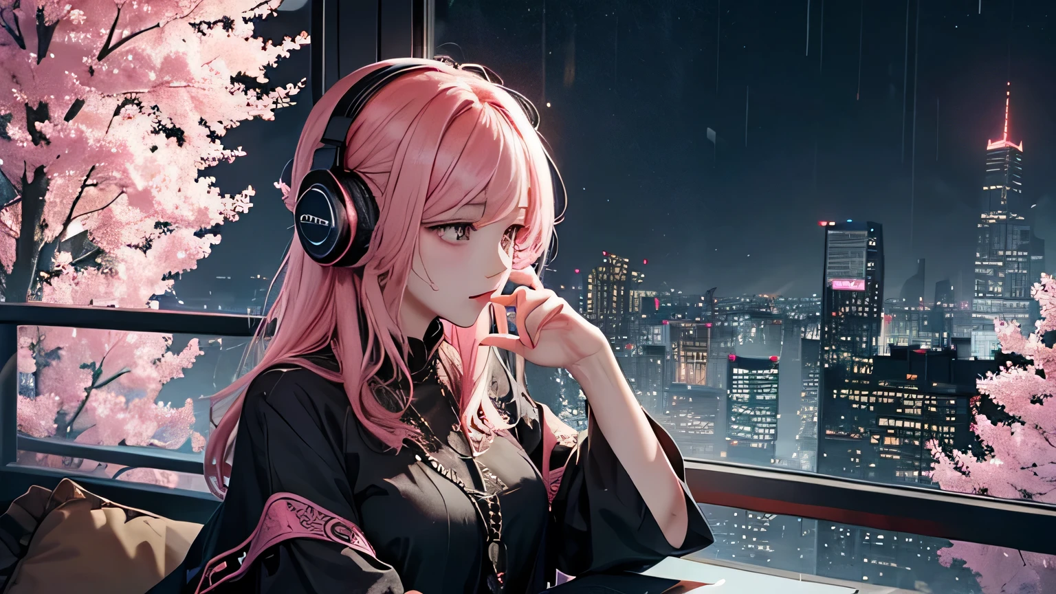 Rain sound and night view image: Rainy night、A scene of relaxing while looking out the window。 scenario: With the sound of rain and the visuals of the night view as the background、Soft lo-fi music plays。Perfect as background music to help you concentrate on studying or working。 [instrumental](masterpiece, Highest quality, Highest quality, Official Art, beautifully、aesthetic:1.2), (One girl), Very detailed,(Fractal Art:1.3),colorful,Most detailed pink hair、I have headphones on。