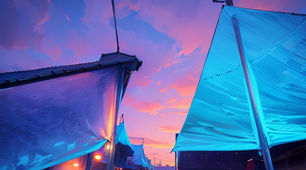 (under tarp canopy, under the market tents, under the canopies), buildings roofs farr away, low angle, dawn sky, early morning,