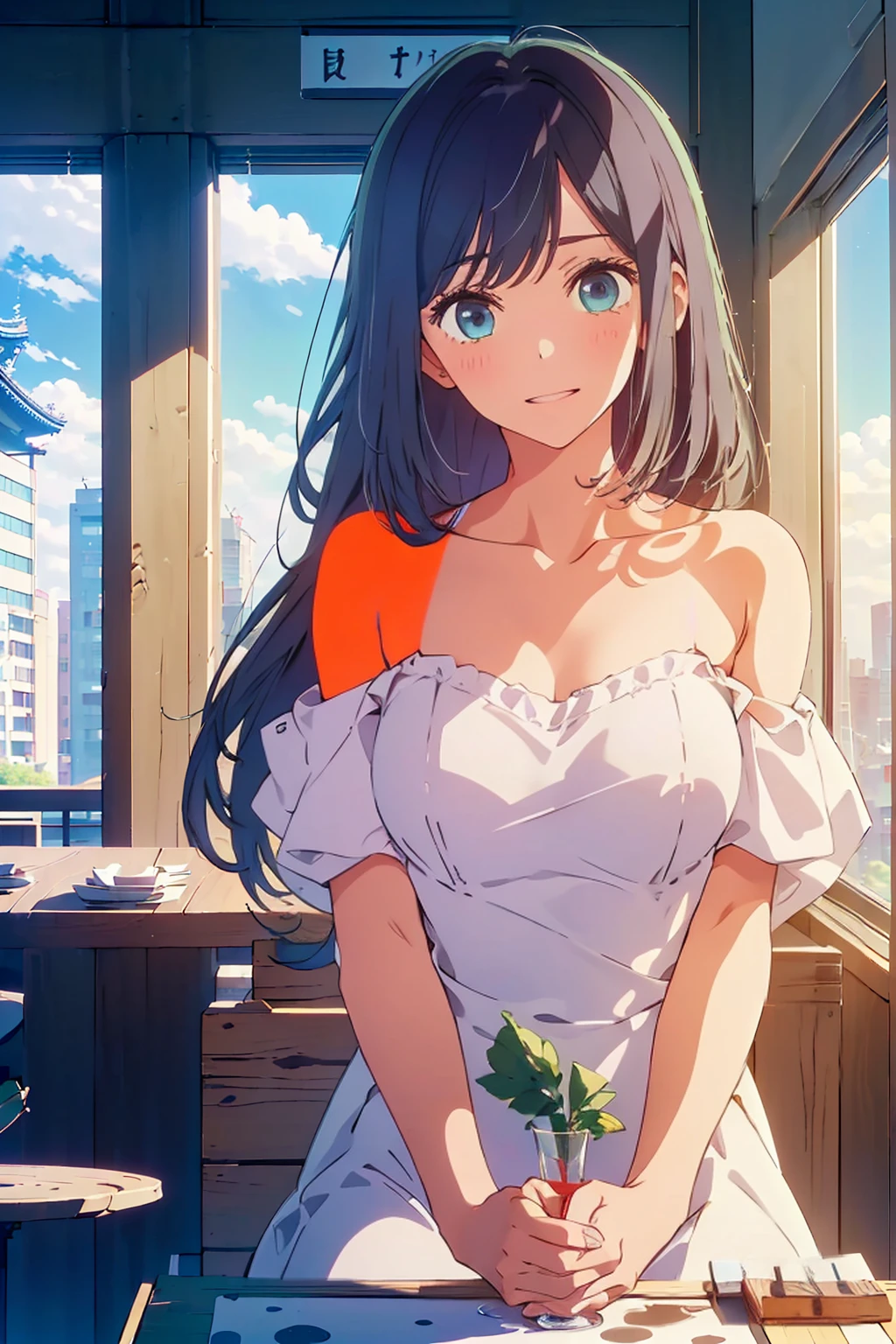 (Highest quality:1.4、8K:1.4、detailed)、F cup bust、Big Breasts、Slim body、Very white beautiful skin、((((1 person、smile、Surprised expression、sit、Chair、 the background are the urban buildings of Tokyo、looking at the camera、Indoor cafe terrace、Navy hair color、Straight Long Hair、juice、Shooting up close、table、Very cute face))))、((((nude、Areola))))、(Touching cheeks with both hands pose:1.4)、(((Off-the-shoulder seamless top)))、Nipples、Very blue sky、A completely cloudless sky