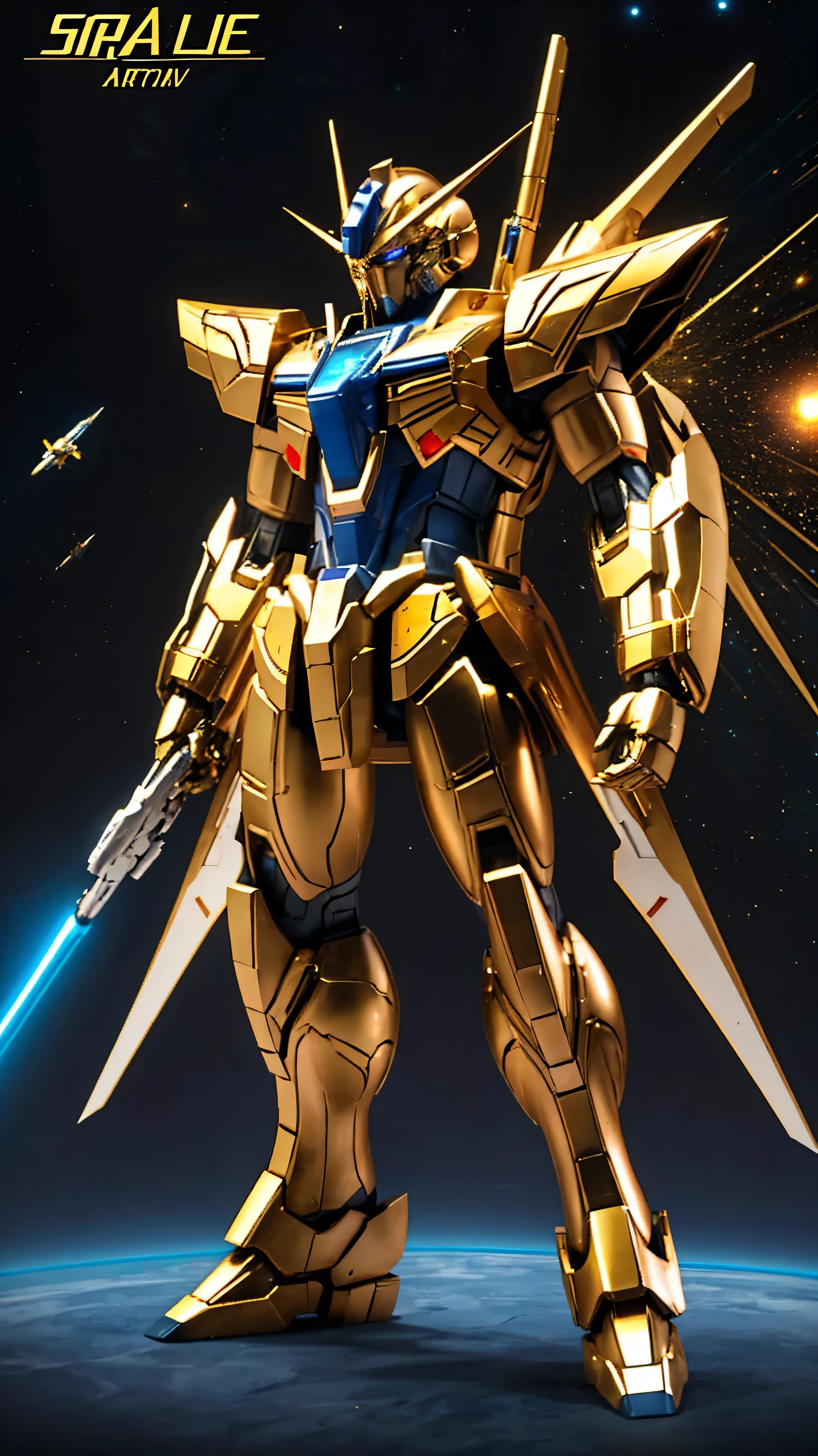 universe space、Golden light effect covers the entire aircraft、Strike Freedom、front、universe spaceに浮いている、The round gold particles surround the aircraft.、He holds a rifle in his right hand and a beam saber in his left hand、(Eye color: Blue)、