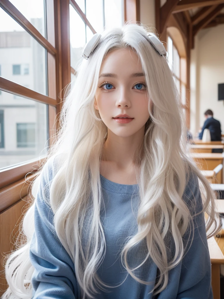 Woman, White long, curly hair,Natural hair. white hair. Blue eyes. student. University. Happy.