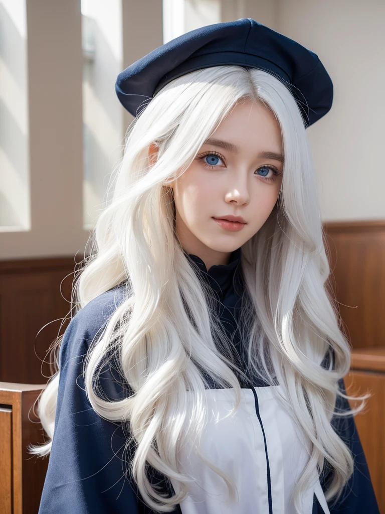 Woman, White long, curly hair,Natural hair. white hair. Blue eyes. student. University. Happy.
