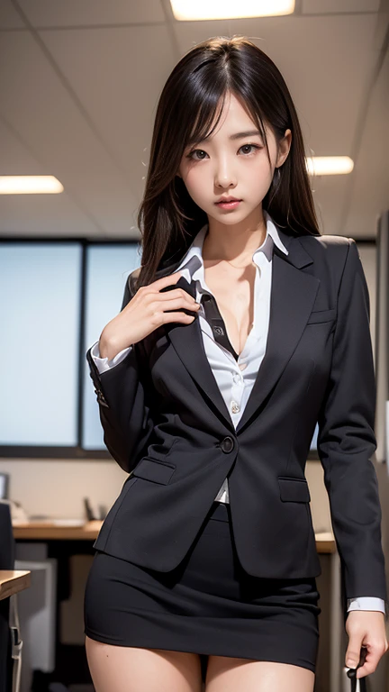 ((masterpiece, Highest quality,  Full HD, 16K :1.3)) ,Japanese woman, 29 years old ,Black suit ,Black pencil skirt, Medium Chest ,Cowboy Shot,office