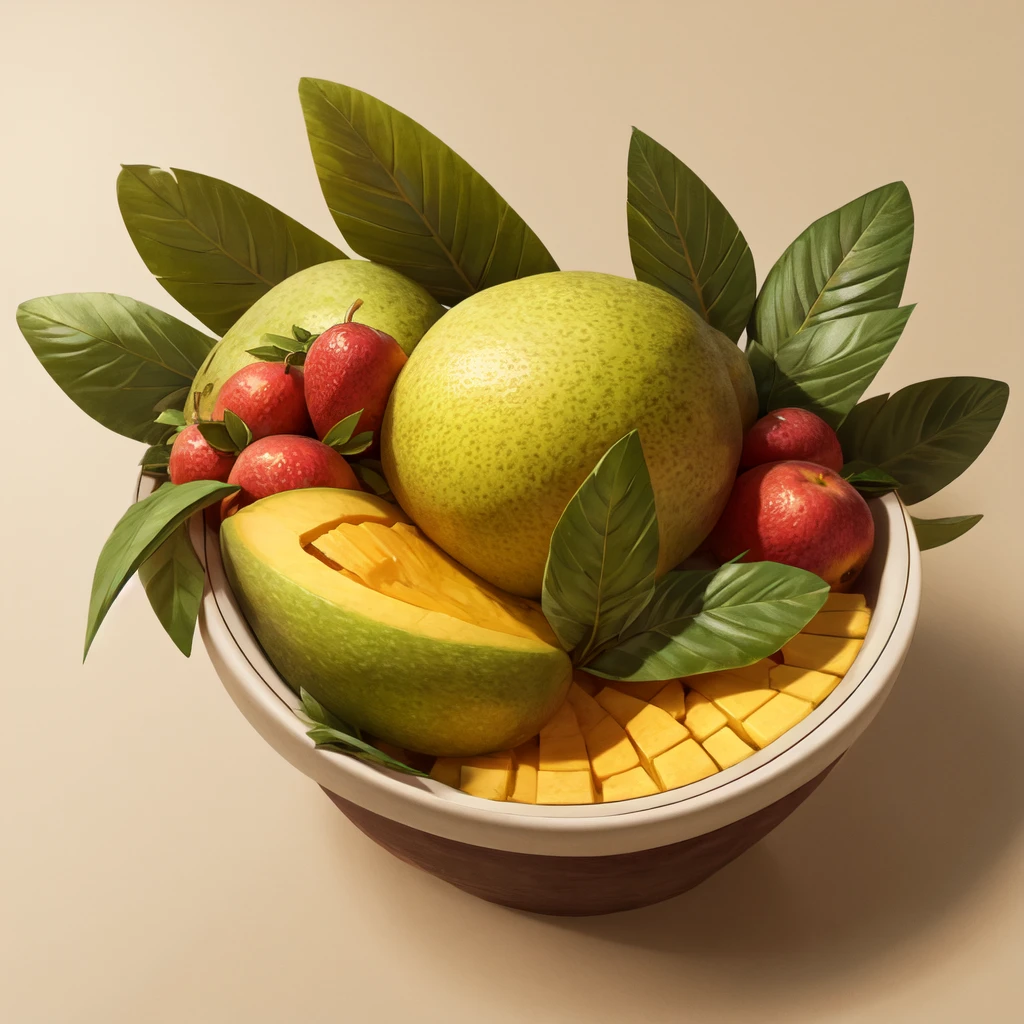 make me a fruit logo from a picture of a mango split open and wrapped in two mango leaves to form a bowl. with simple minimalism and elegance