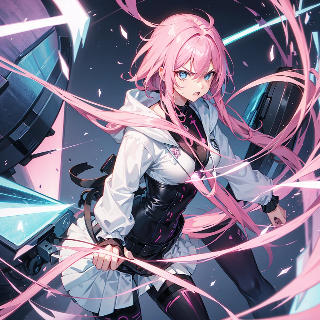 an angry female character pink hair blue eyes