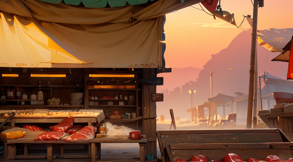traditional market, market stall, ((market tens), butchery), (they sell human flesh, chopped hand and feet, human meats), wooden box, wooden table, sand ground, sand hill behind the stall, dawn time, early morning,