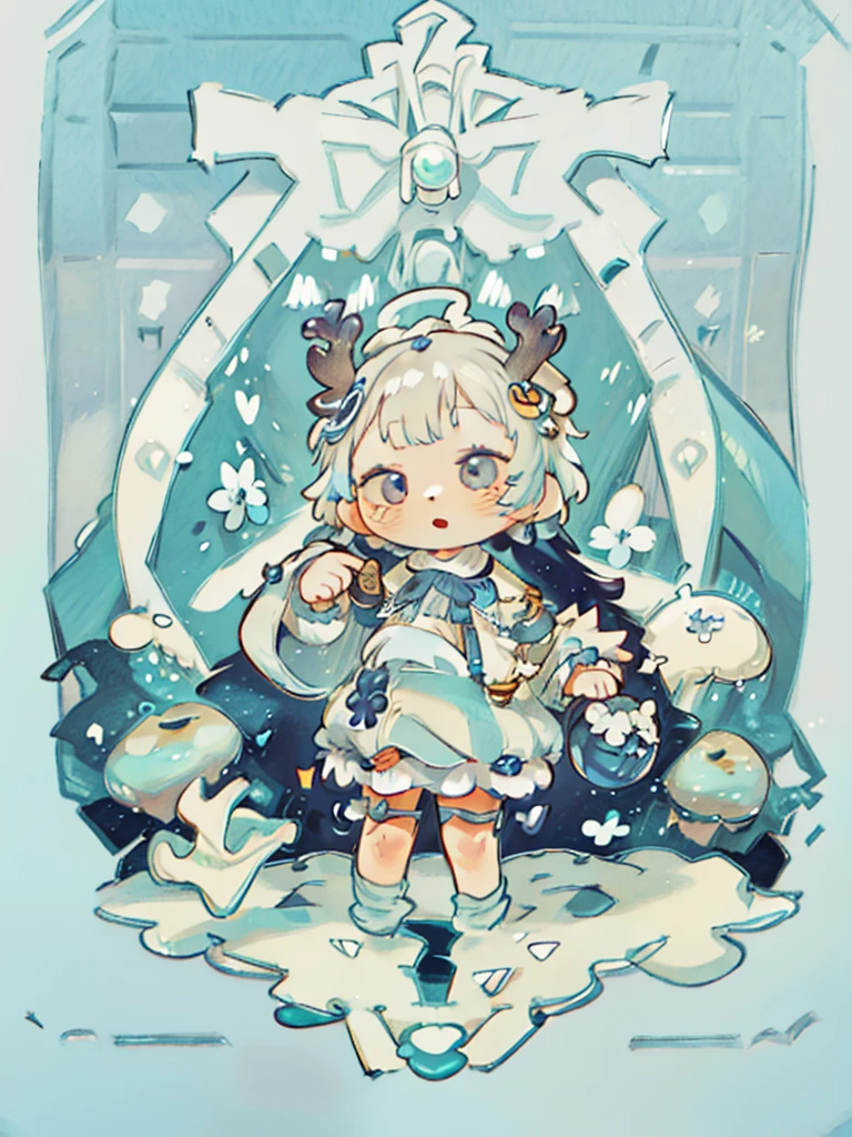 tarot, BORDER, celestial, chibi, masterpiece, best quality, extremely detailed, detailed background, detailed face, 1girl, full-body, solo, pale skin, LONG blue hair which each strands were being lifted up by butterflies, deer ears, white deer horns, happy expression, white dress, blue flower, good finger, perfect face, intricate details, mystical forest theme