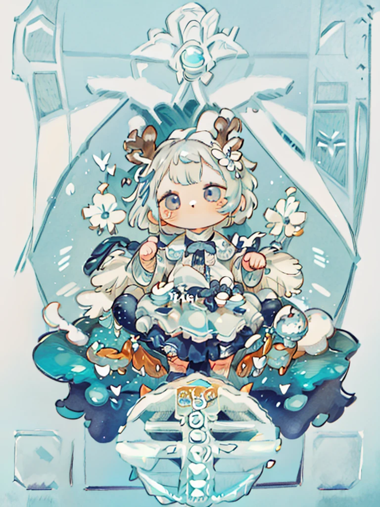 tarot, BORDER, celestial, chibi, masterpiece, best quality, extremely detailed, detailed background, detailed face, 1girl, full-body, solo, pale skin, LONG blue hair which each strands were being lifted up by butterflies, deer ears, white deer horns, happy expression, white dress, blue flower, good finger, perfect face, intricate details, mystical forest theme