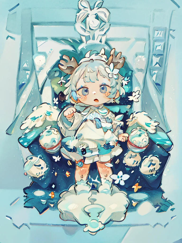 tarot, BORDER, celestial, chibi, masterpiece, best quality, extremely detailed, detailed background, detailed face, 1girl, full-body, solo, pale skin, LONG blue hair which each strands were being lifted up by butterflies, deer ears, white deer horns, happy expression, white dress, blue flower, good finger, perfect face, intricate details, mystical forest theme