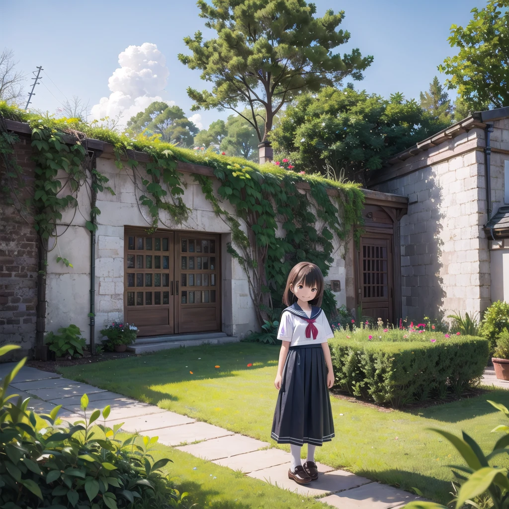 (masterpiece), town, blue sky, One Girl, smile, alone, Sailor suit、Long skirt, Overgrown, petal, plant、Skirt lining、Translucent slip、Nostalgic