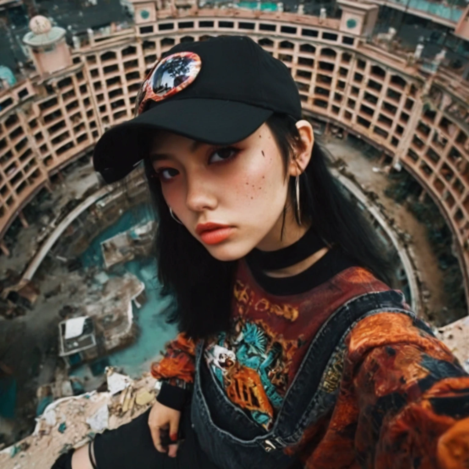 centered, 1girl, 18 yo, black hair, Las Vegas, standing, looking at the viewer, hip hop clothing, sunglasses, extreme low-angle photo from below, shot on Afga Vita 400, natural lighting, city photograph, in front of abandoned casino, big neon signs, heat, desert
