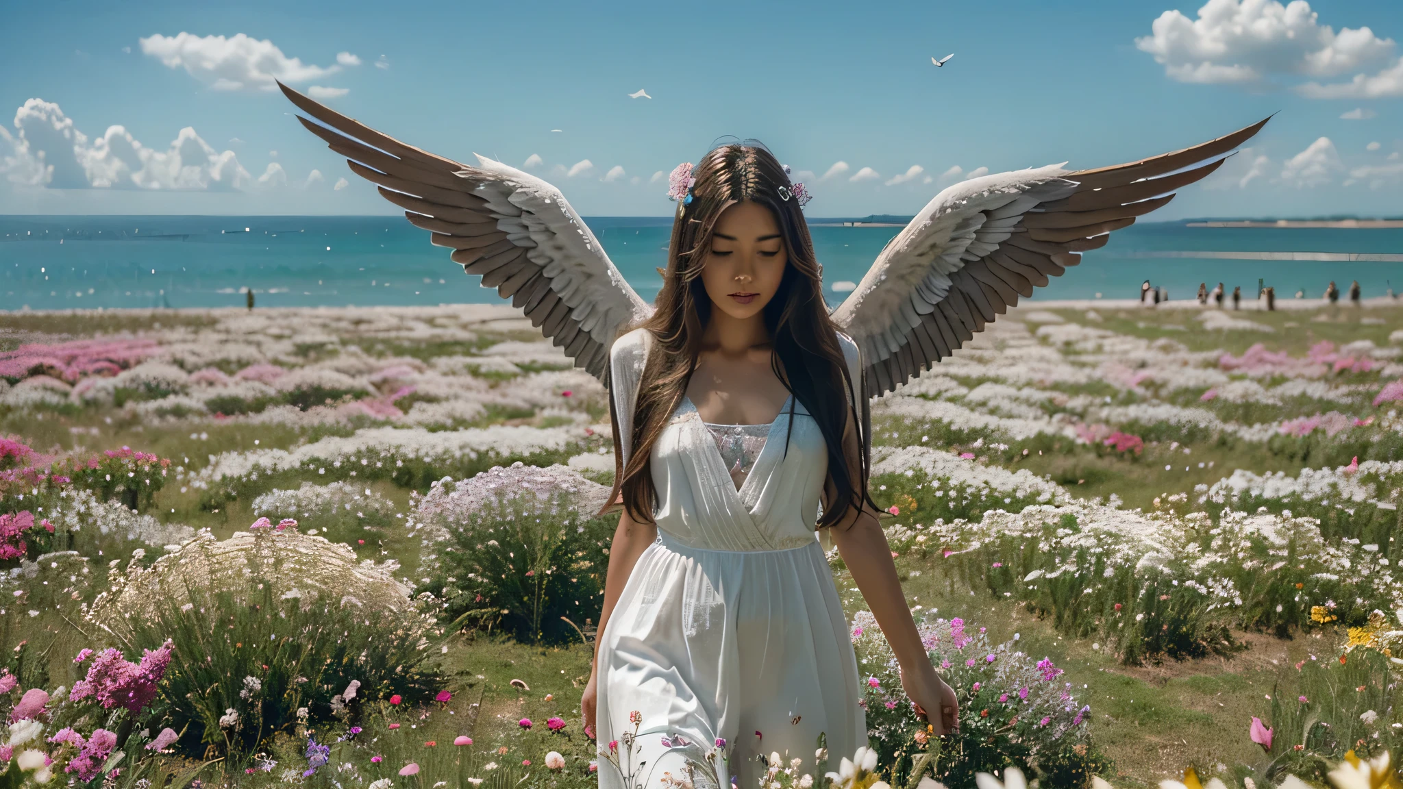 A female angel，long hair，wing，Sea of Flowers，fly in the sky