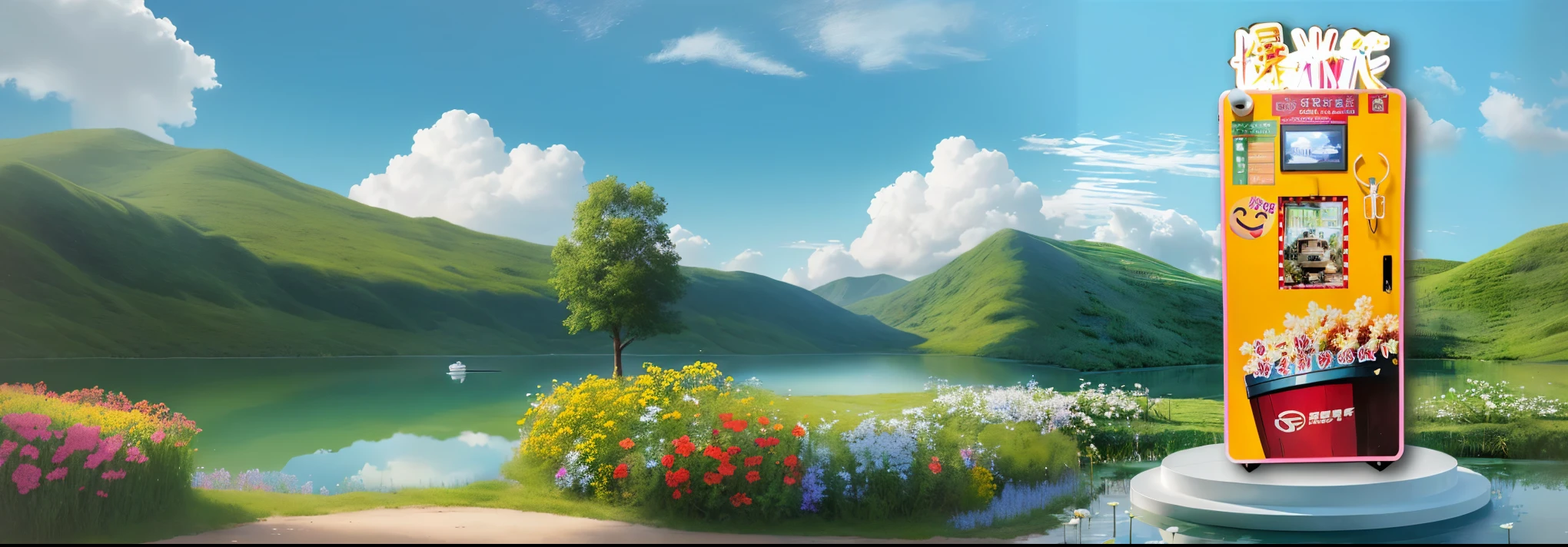 Flowers, trees, lakes, blue sky and white clouds