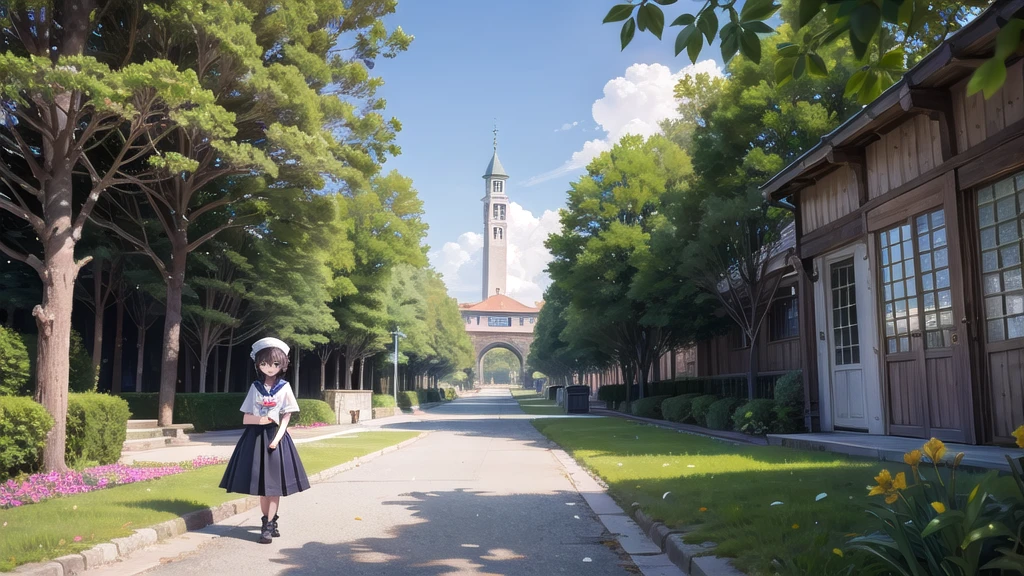 (masterpiece),  town,  blue sky,  One Girl,  smile,  alone,  Sailor suit、Long skirt,  Overgrown,  petal,  plant、Skirt lining、Translucent slip、Nostalgic