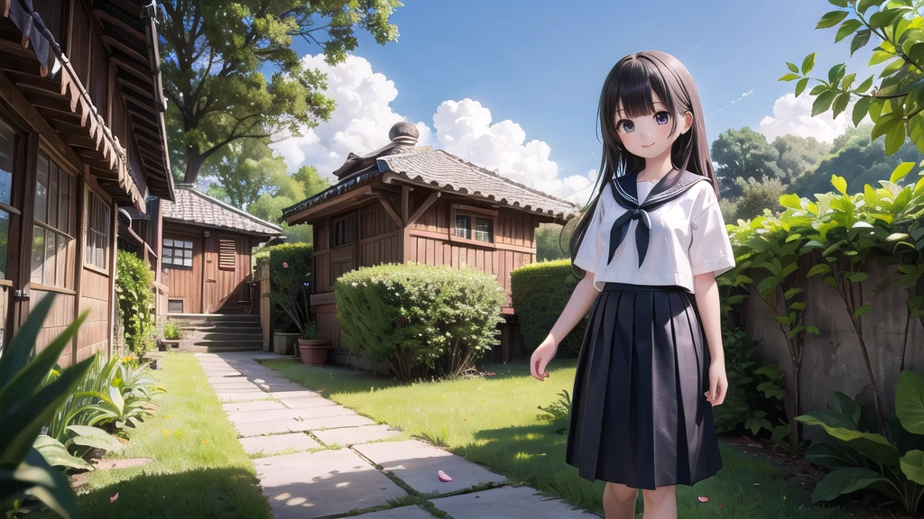 (masterpiece),  town,  blue sky,  One Girl,  smile,  alone,  Sailor suit、Long skirt,  Overgrown,  petal,  plant、Skirt lining、Translucent slip、Nostalgic