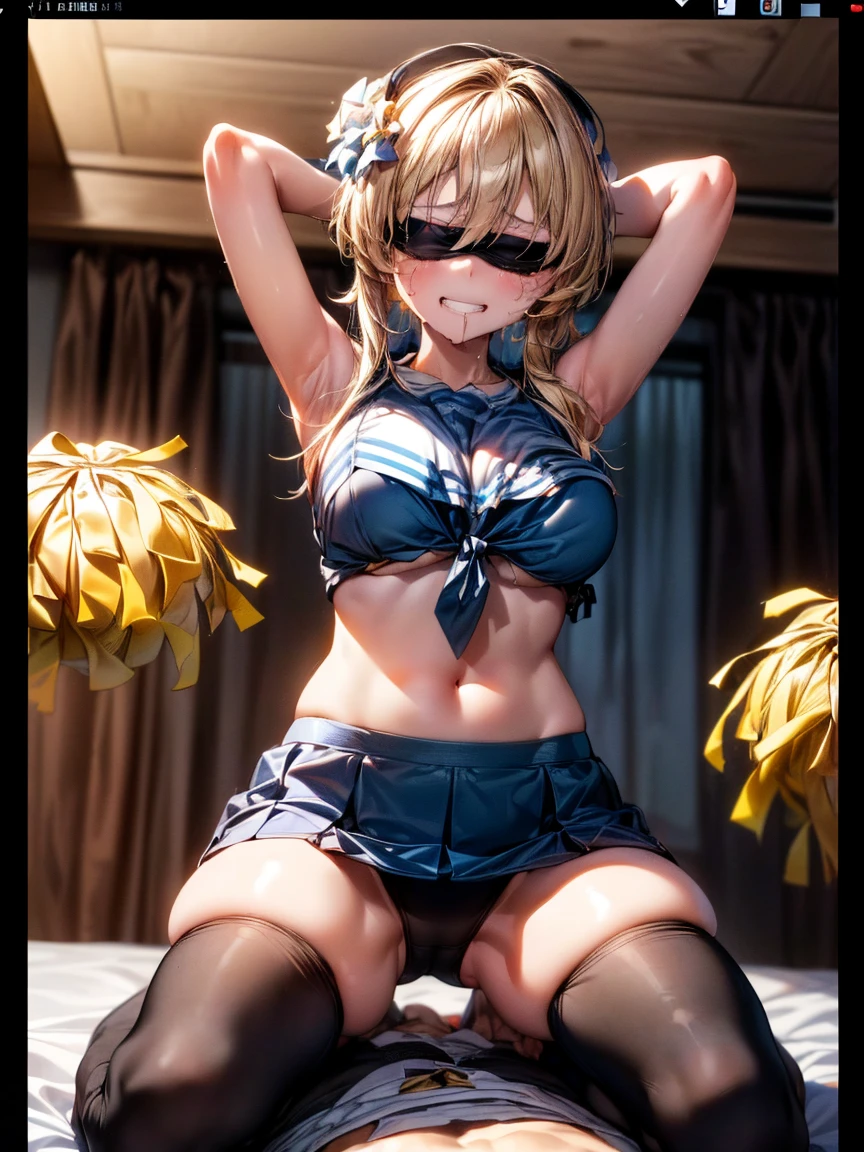 (A girl rides a guy perfectly:1.3)、(eyes half closed:1.3)、(Grin:1.3)、(Big tears:1.3)、(Drooling from the mouth:1.3)、(The body shakes violently)、8K resolution、 ((Highest quality))、Anatomically correct、(Flower Hair Ornaments)、(Cheerleader:1.6)、((Hasselblad Photos))、[:(Detailed face:1.2):0.2]、(Tie your arms behind your head:1.6)、(Intense squats:1.3)、(Blindfold:1.6)、(Black tights)、(Minimally revealing clothing)