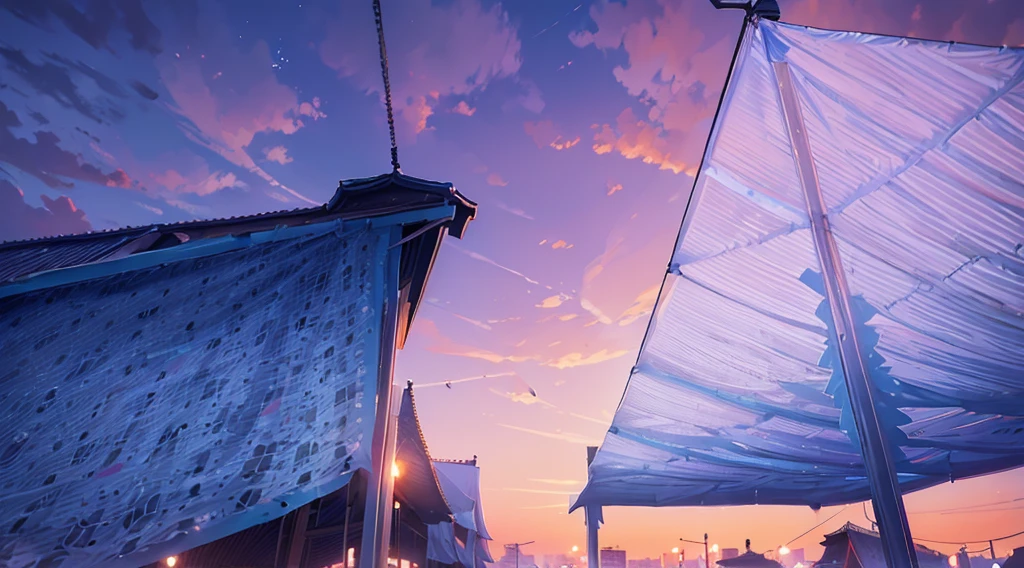 (under tarp canopy, under the market tents, under the canopies), buildings roofs farr away, low angle, dawn sky, early morning, 