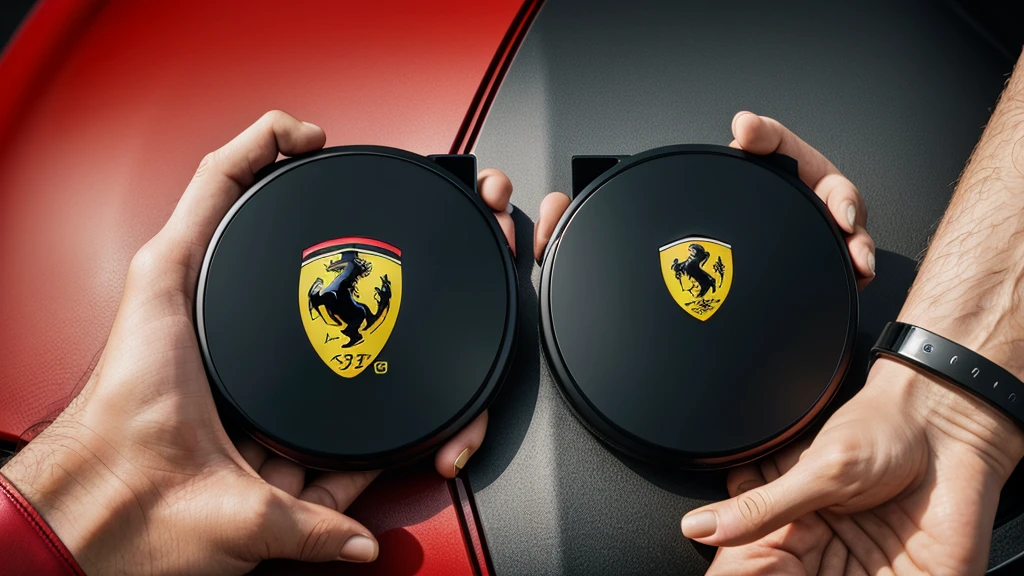 Ferrari and Lamborghini logo showing in-hand arm