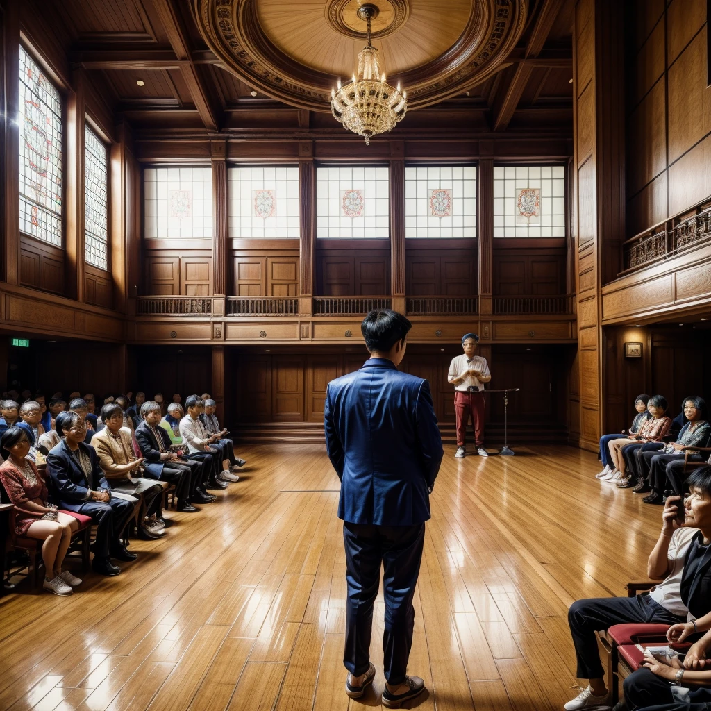 Create an image featuring a confident middle-aged Taiwanese man giving a speech at the chairman's seat in a grand hall. The man is facing away from the camera, wearing trendy, youthful clothes. The grand hall is filled with Taiwanese audience members attentively listening to the speech.