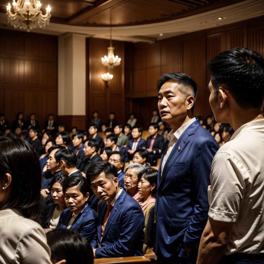 Create an image featuring a confident middle-aged Taiwanese man giving a speech at the chairman's seat in a grand hall. The man is facing away from the camera, wearing trendy, youthful clothes. The grand hall is filled with Taiwanese audience members attentively listening to the speech.