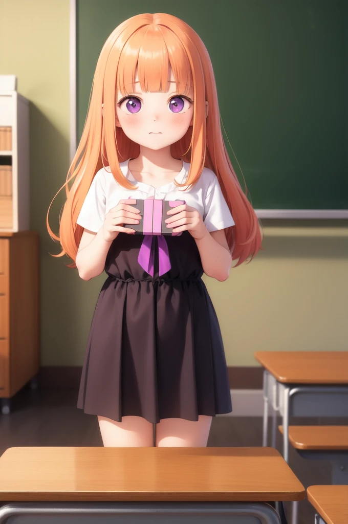 masterpiece, Highest quality, One girl, Orange Hair, Long Hair, Blunt bangs, Purple eyes, shy, Blushing, Nervous, Have a gift box, , Look at other people, Focus Only, classroom