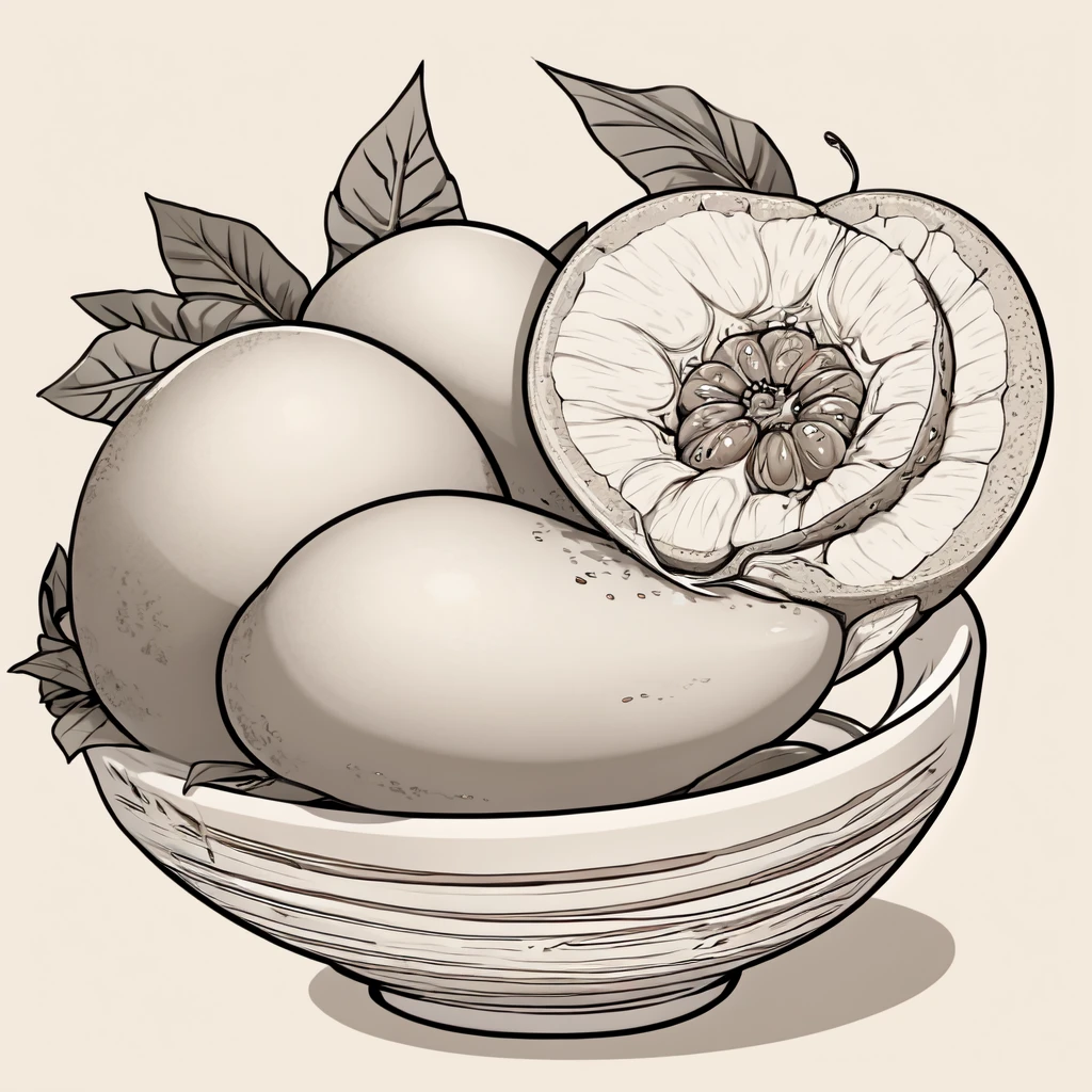 make me a fruit logo from a picture of a mango split open and wrapped in two mango leaves to form a bowl. with simple minimalism and elegance, line art, vector art 