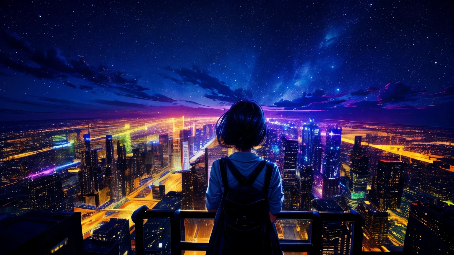 Cute girl back view、 Night view from a high place、Drawing a large number of skyscrapers, Look up at the starry sky. Surround her with colorful nebulae and colorful metropolises.
