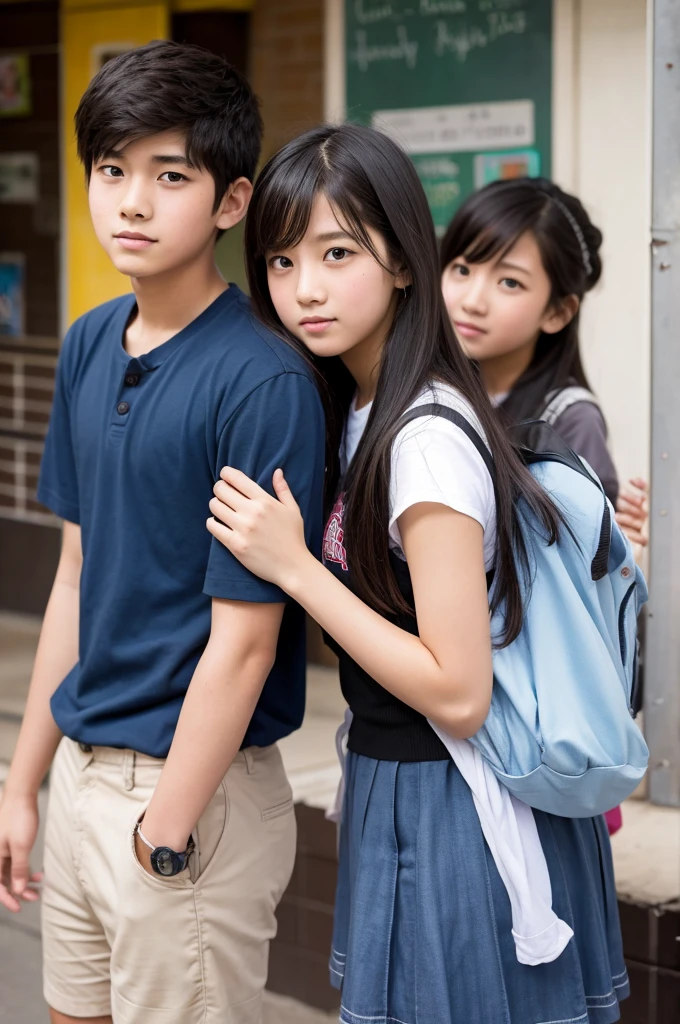 Couple, girl with long brown hair and gray eyes, boy with white hair and blue eyes, spring atmosphere