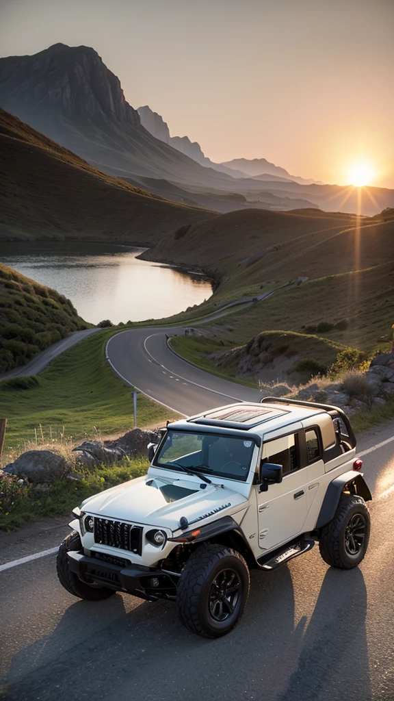 photo of a supercar in the middle of the picture, 8k uhd, high quality, road, sunset, motion blur, depth blur, cinematic, filmic image 8k. Natural sunlight, vibrant color, reflections Mahindra Thar lx