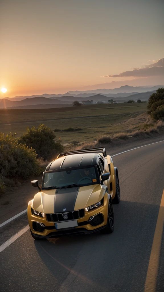 photo of a supercar in the middle of the picture, 8k uhd, high quality, road, sunset, motion blur, depth blur, cinematic, filmic image 8k. Natural sunlight, vibrant color, reflections Mahindra Thar lx
