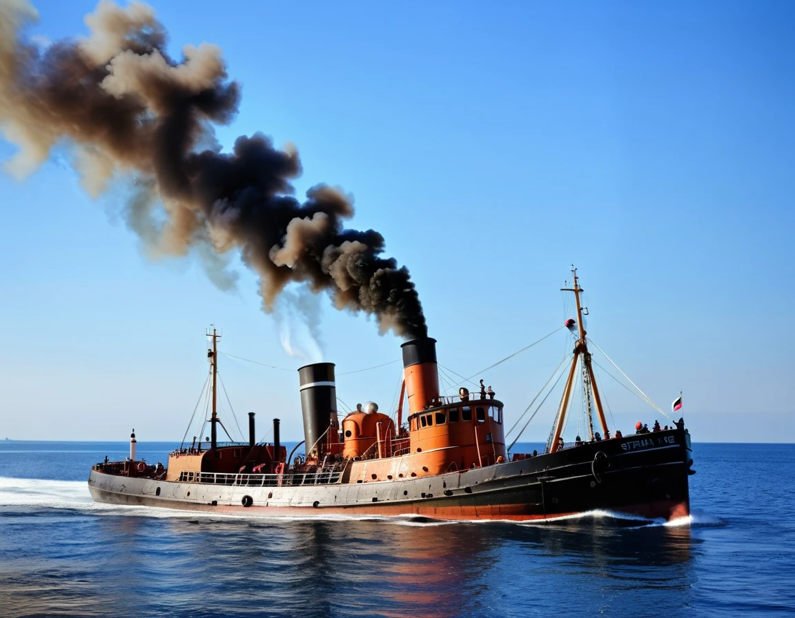 Old steam tug. working hard. Open sea. clear blue sky. central smoking funnel (brown smoke)