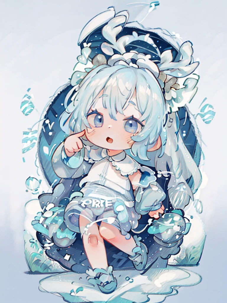 tarot, BORDER, celestial, chibi, masterpiece, best quality, extremely detailed, detailed background, detailed face, 1girl, full-body, solo, pale skin, LONG blue hair which each strands were being lifted up by butterflies, deer ears, white deer horns, happy expression, white dress, blue flower, good finger, perfect face, intricate details, mystical forest theme