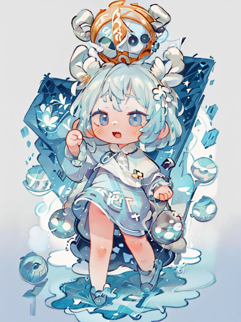 tarot, BORDER, celestial, chibi, masterpiece, best quality, extremely detailed, detailed background, detailed face, 1girl, full-body, solo, pale skin, LONG blue hair which each strands were being lifted up by butterflies, deer ears, white deer horns, happy expression, white dress, blue flower, good finger, perfect face, intricate details, mystical forest theme