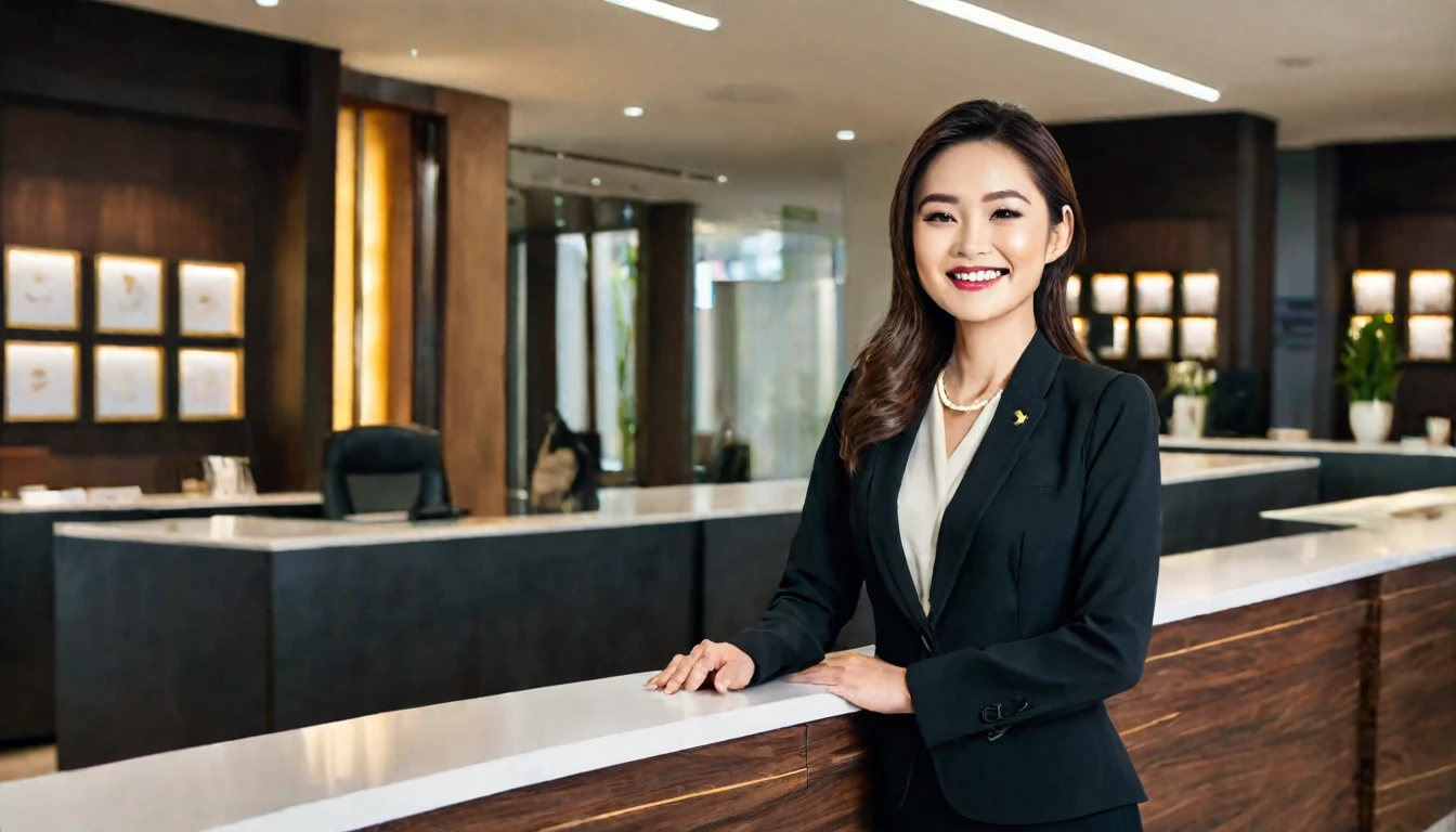 A beautiful Asian woman stands gracefully behind a counter, dressed in elegant and professional office attire. She is smiling warmly, exuding elegance and poise. The background and lighting are meticulously designed to enhance the overall aesthetic, creating a visually appealing and harmonious scene that reflects professionalism and charm.