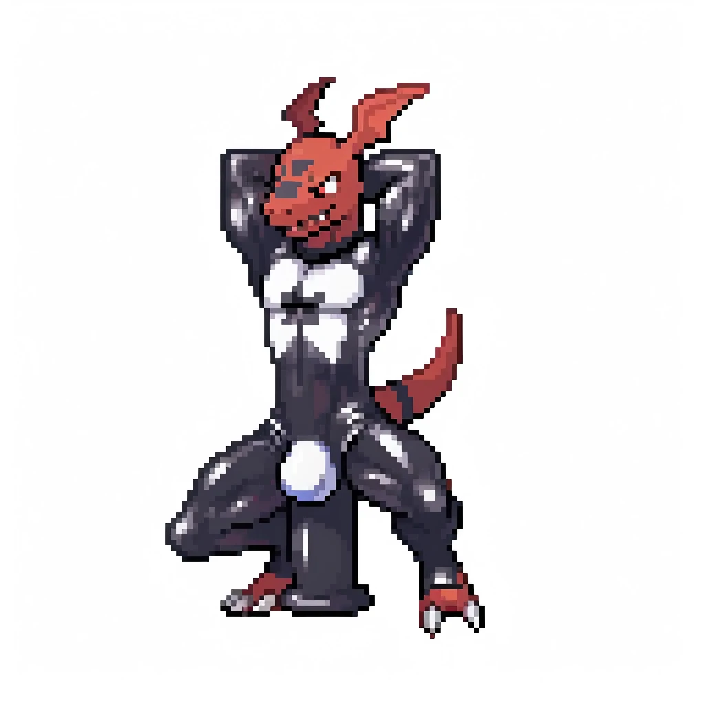 , anthro, guilmon, male, muscular anthro, muscular male, larg hips, tail, solo, blank background, closed mouth, arms behind head, ahegao, 2D, suggestive, anal penitration, large dildo, dildo in ass, ((dildo sitting)), crouching, black latex, latex, latex shirt, latex suit, gimp suit, bulge, null bulge, massive bulge, 16_bit, pixelated,
