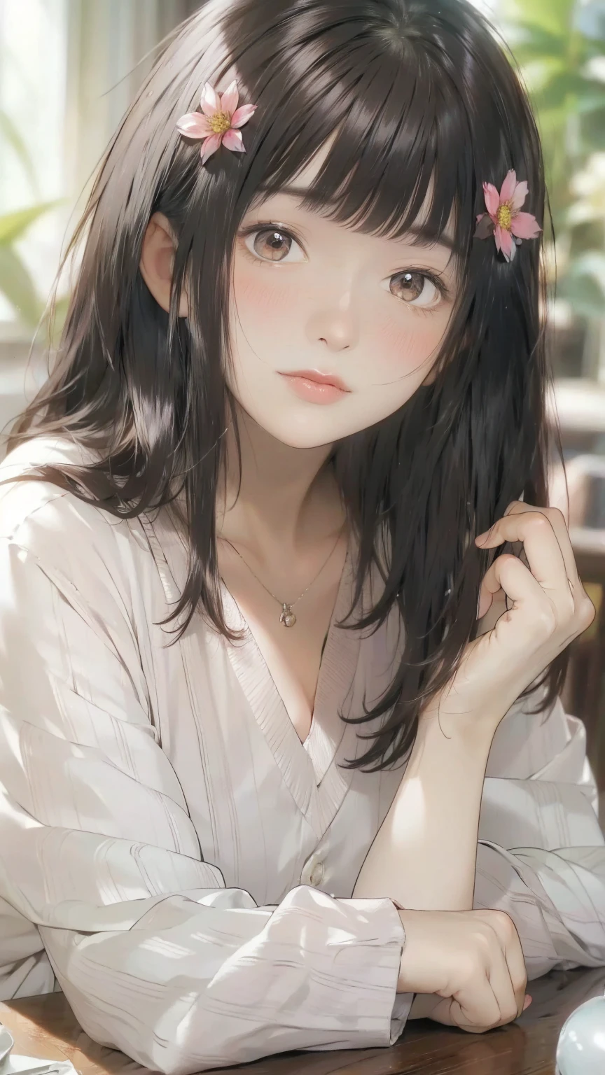 (best quality, highres),brown hair,bow on head,girl,beautiful detailed eyes,beautiful detailed lips,long eyelashes,soft facial features,flower garden background, vibrant colors,pleasant lighting,artistic rendering, 
