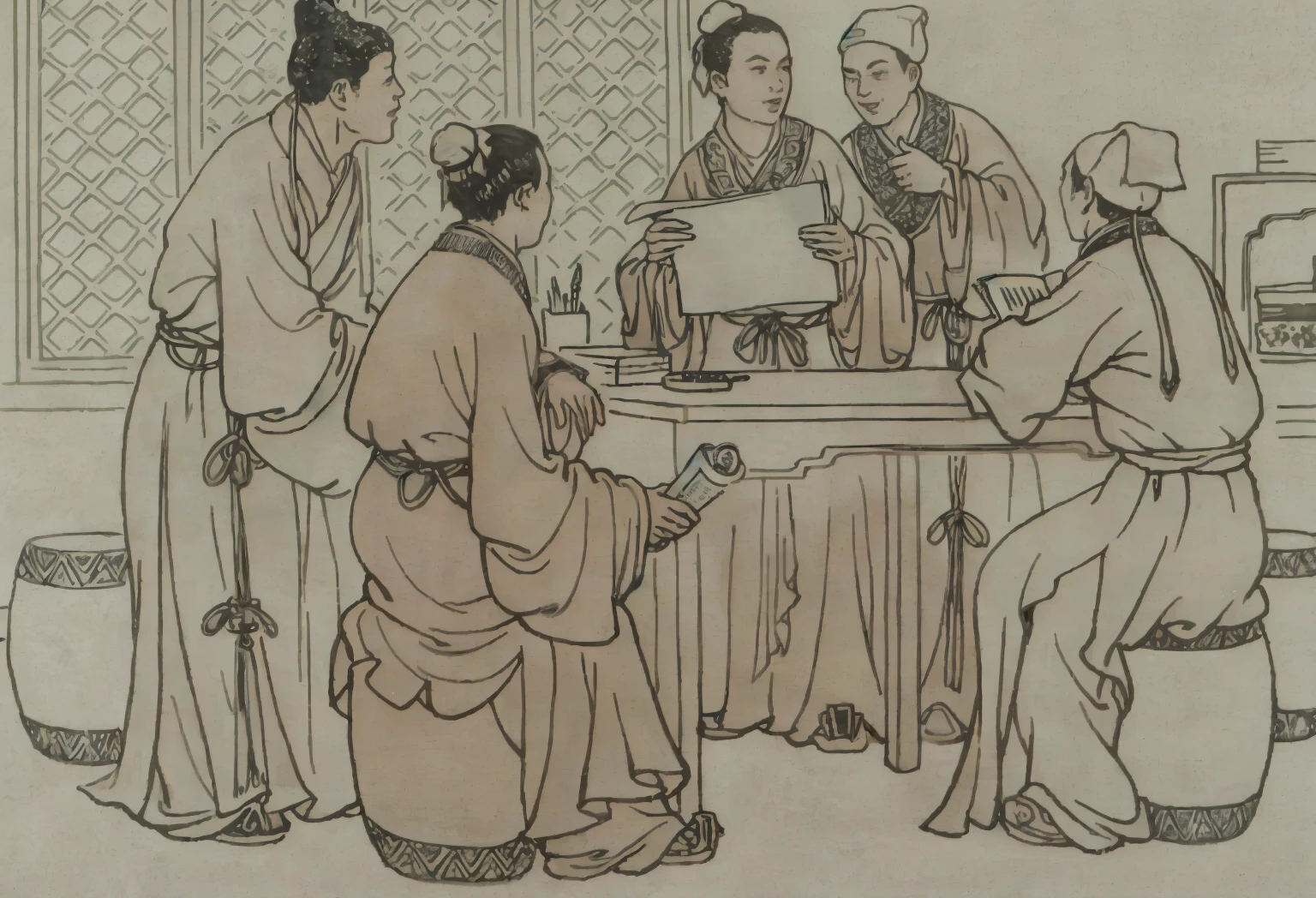 Five readers，One person is writing a poem and reading it to others，