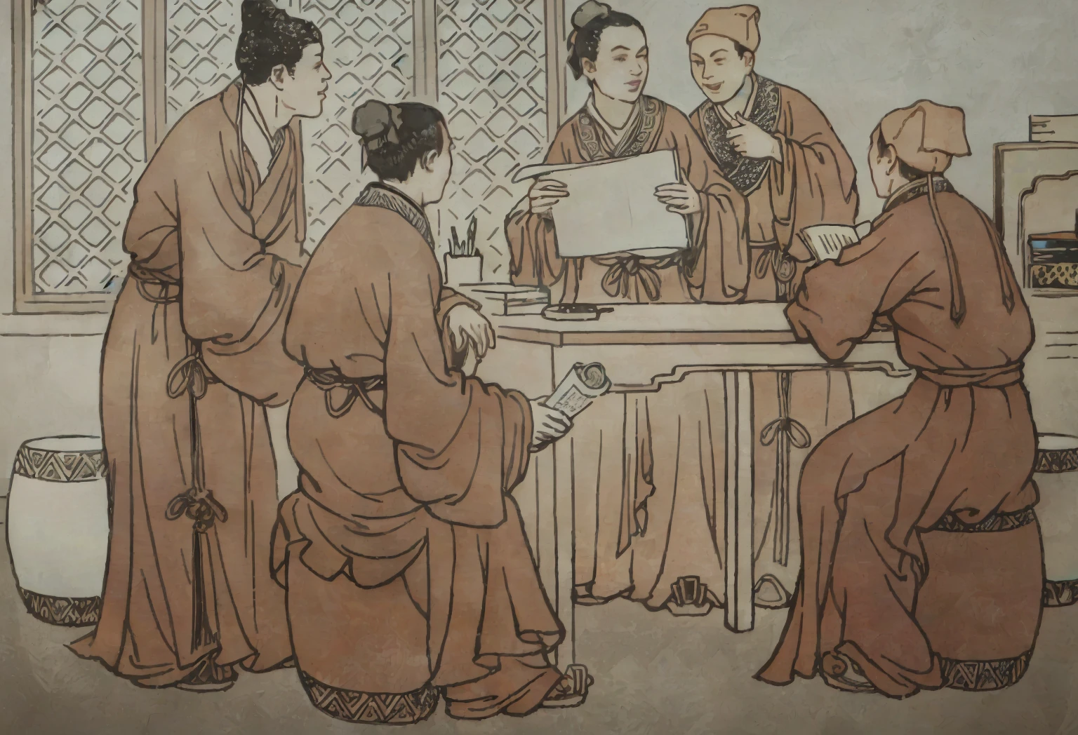 Five readers,One person is writing a poem and reading it to others,