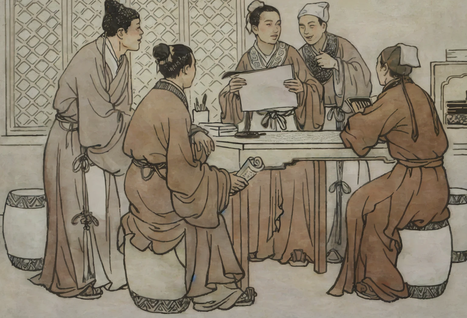 Five readers,One person is writing a poem and reading it to others,