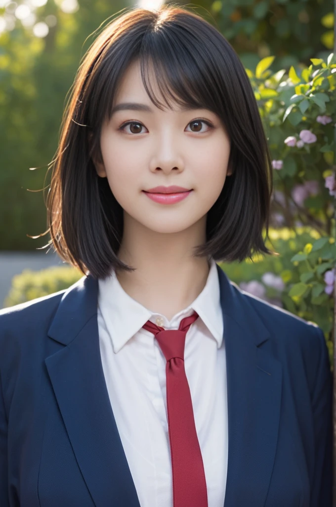 1 Girl, (White collared shirt and long red tie, Navy blue jacket:1.3), Very beautiful Japanese idol portraits,
(RAW Photos, Highest quality), (Realistic, Photorealistic:1.4), (masterpiece),
Very delicate and beautiful, Very detailed, 2k wallpaper, wonderful, finely, Very detailed CG Unity 8K 壁紙, Very detailedな, High resolution, Soft Light,
Beautiful detailed girl, Very detailed目と顔, Beautiful and detailed nose, finelyて美しい目, Cinema Lighting,
(in the garden:1.3),
(short hair), (Parted bangs),
Complete Anatomy, Slender body, Small breasts, smile