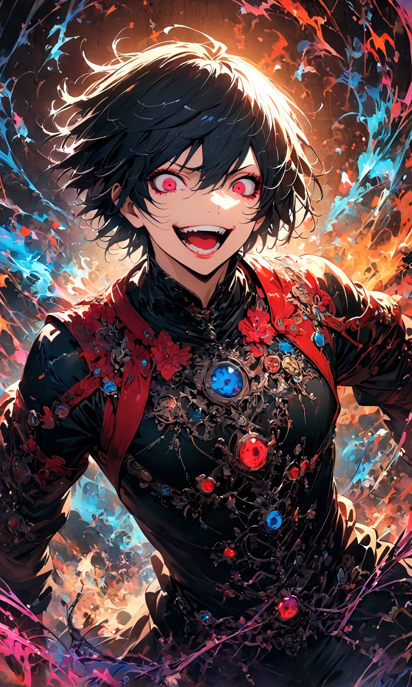 male,Tokyo Ghoul,Ishida Sui's style,Intricate details,artwork,Rendering,(best quality:1.4),(Extremely detailed:1.5),high resolution,Extremely detailed,wallpaper,Dark Fantasy,glare,Fighting Style,Crazy smile,tangled,Best color balance