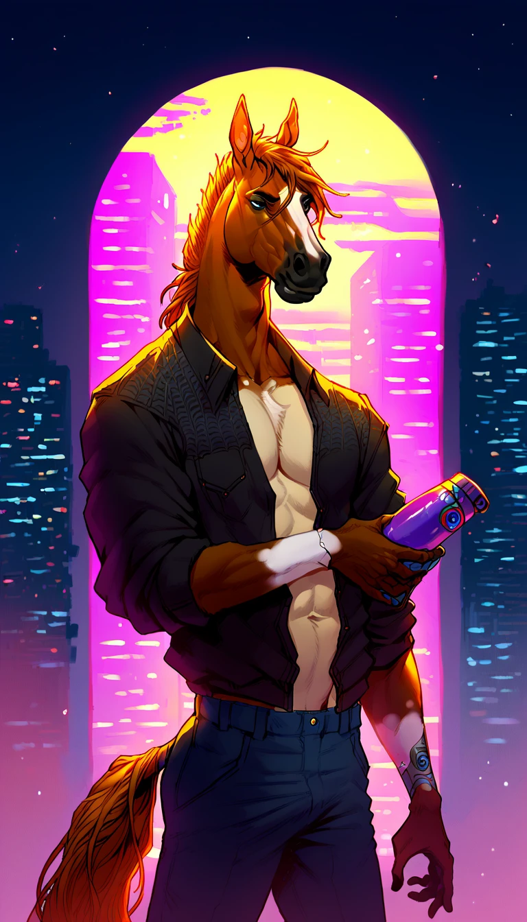 score_9, score_8_up, score_7_up, (cyberpunk buildings, cyberpunk neon signs, cyberpunk cars, cyberpunk-style city on background),
((Horse:1.2), anthro, solo, male, (portrait, standing), (holding), ((wearing clothes)), ((have fur)), beautiful, (have augmentations, implants, cyberpunk-style additions:1.75)