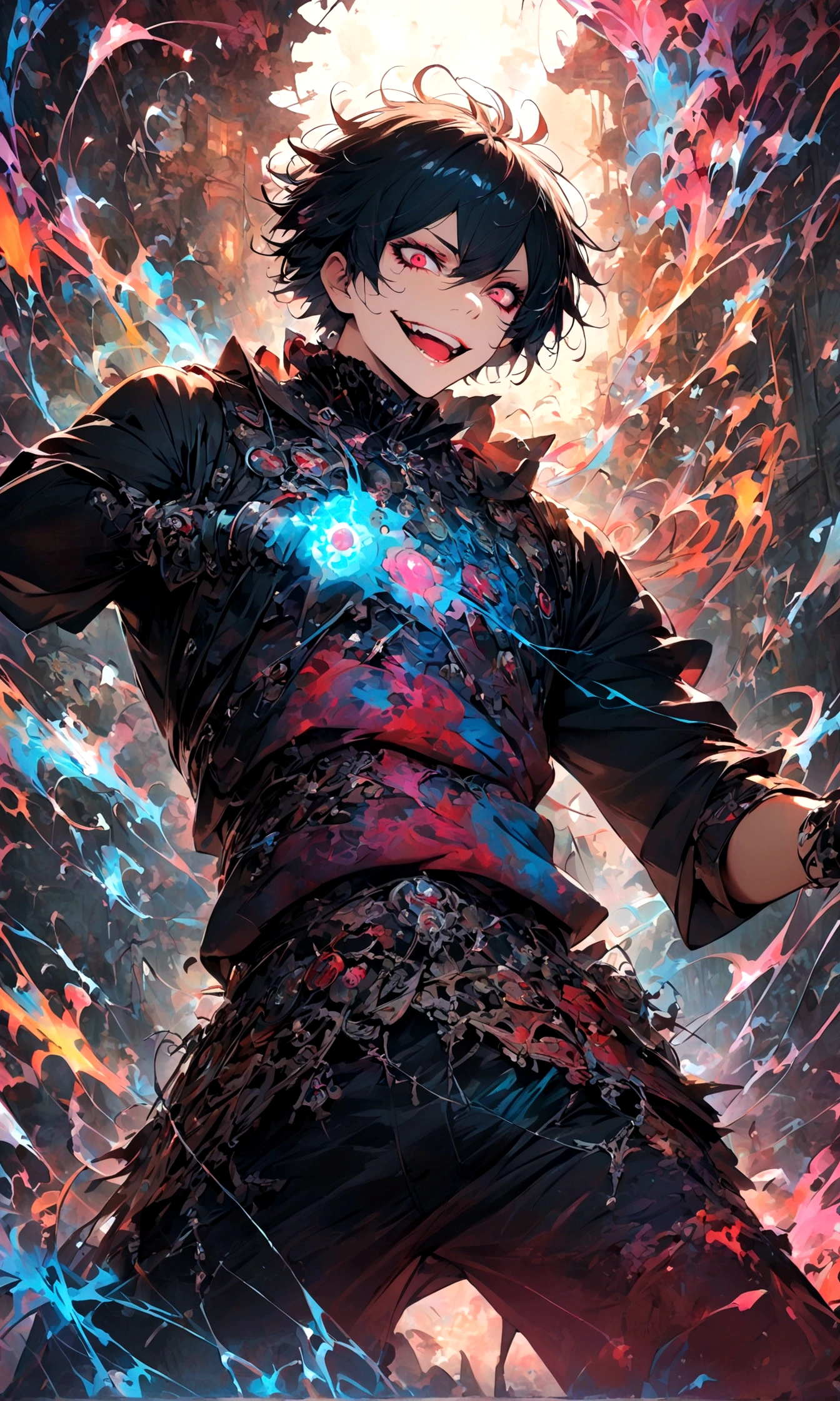 male,Tokyo Ghoul,Ishida Sui&#39;s style,Intricate details,artwork,Rendering,(best quality:1.4),(Extremely detailed:1.5),high resolution,Extremely detailed,wallpaper,Dark Fantasy,glare,Fighting Style,Crazy smile,tangled,Best color balance