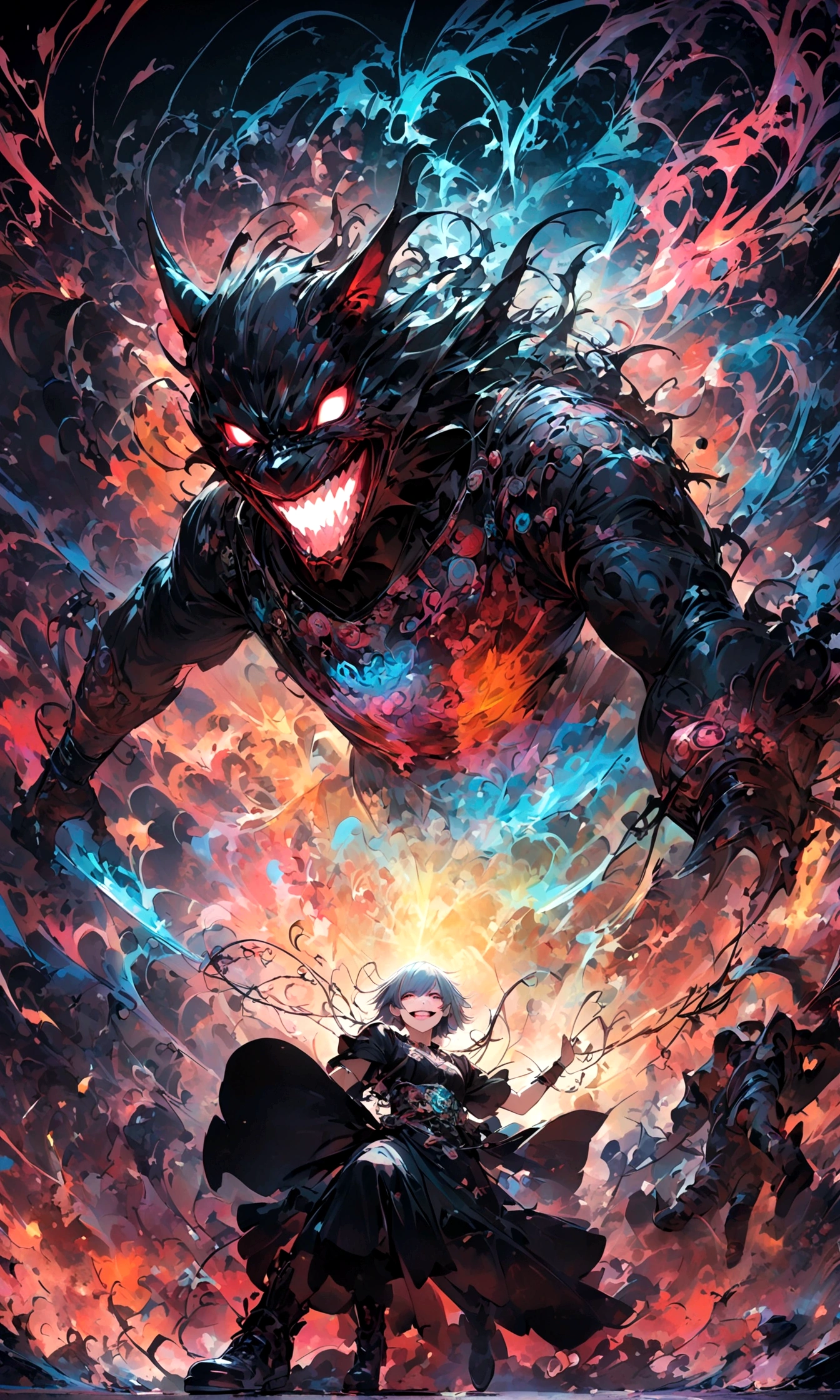 male,Tokyo Ghoul,Ishida Sui&#39;s style,Intricate details,artwork,Rendering,(best quality:1.4),(Extremely detailed:1.5),high resolution,Extremely detailed,wallpaper,Dark Fantasy,glare,Fighting Style,Crazy smile,tangled,Best color balance